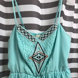 Spaghetti strap teal dress, southwest embroidered